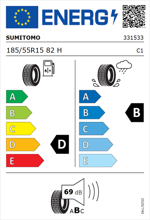 Tyre Label for Sumitomo BC100 185/55R15 82H