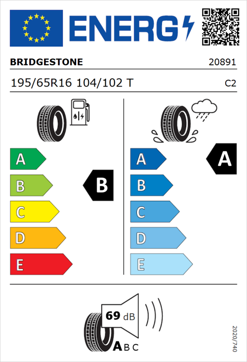 Tyre Label for Bridgestone Duravis Van 195/65R16 104/102T